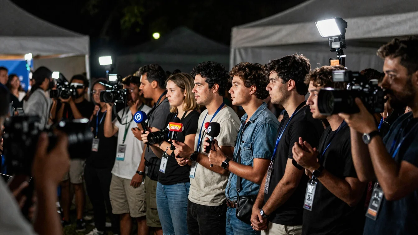 Candid-but-respectful wide shot of a festival press line under co