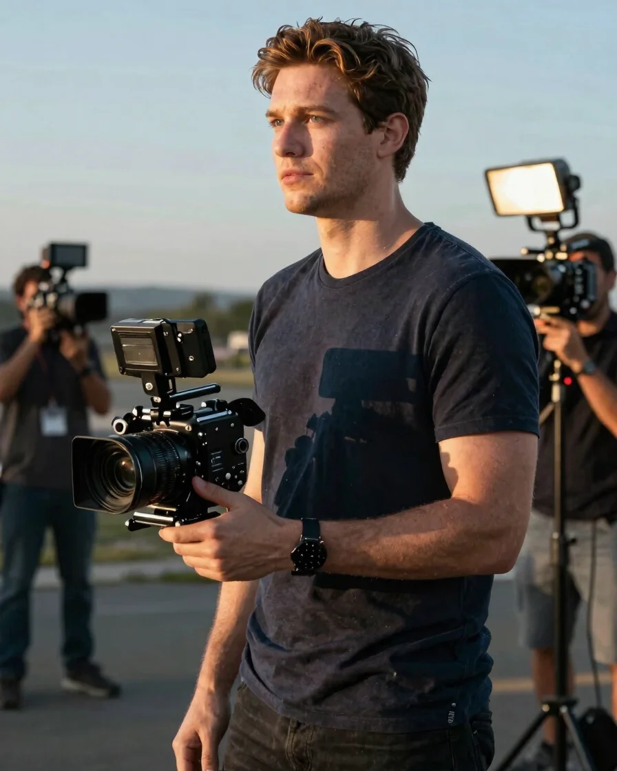Cinematic editorial still of a film set during golden-hour promot