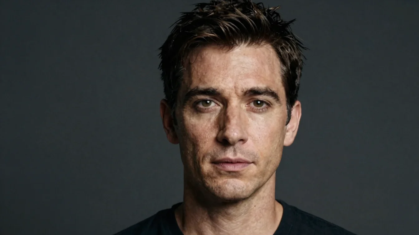 Editorial portrait of an actor in soft studio light against a dar